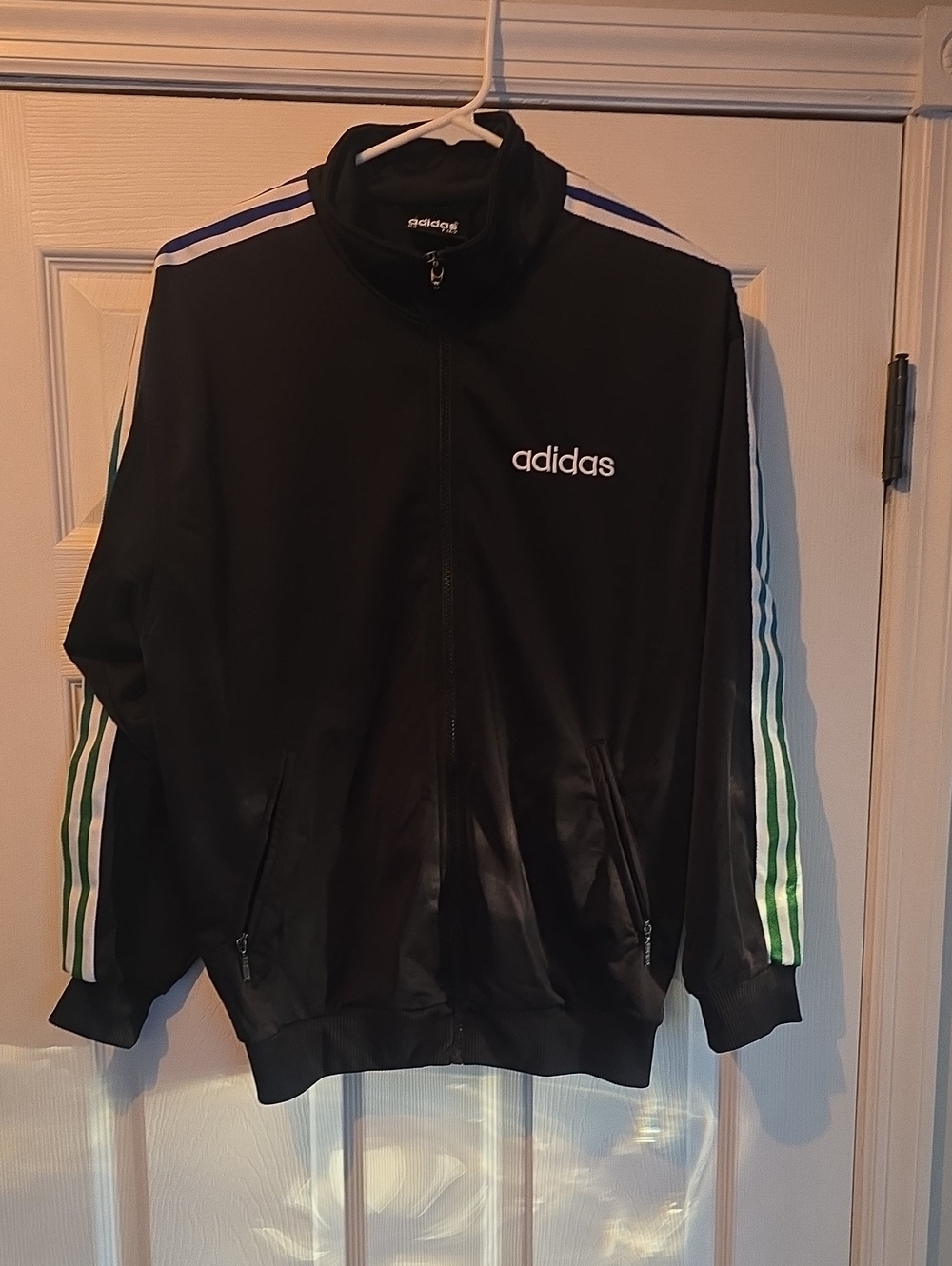 adidas Black Bomber Jacket with Green & Blue Sleeve Stripes